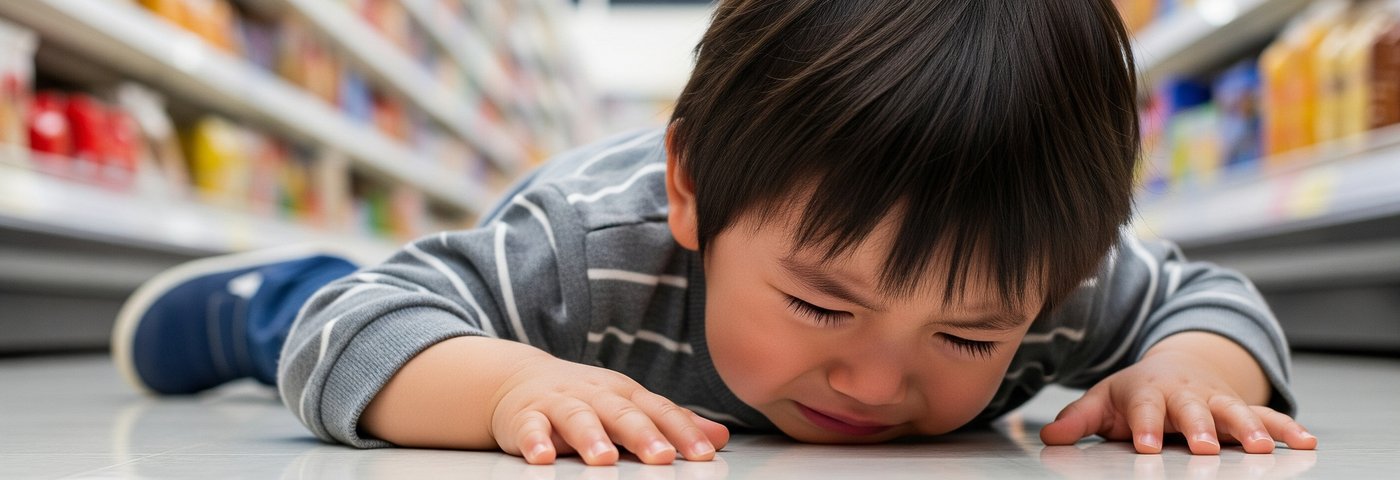 スーパーの床でかんしゃくを起こす子ども