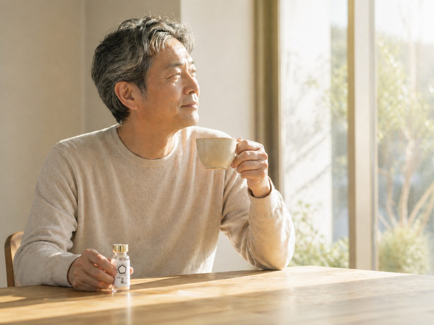 夜の書斎で内省する50代後半の男性。穏やかな光のなか、毎日の養生のひととき