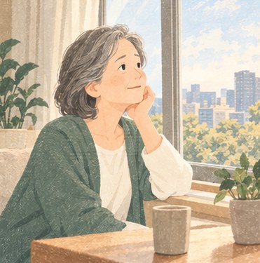 窓辺で穏やかに外を眺める60代の女性のイラスト